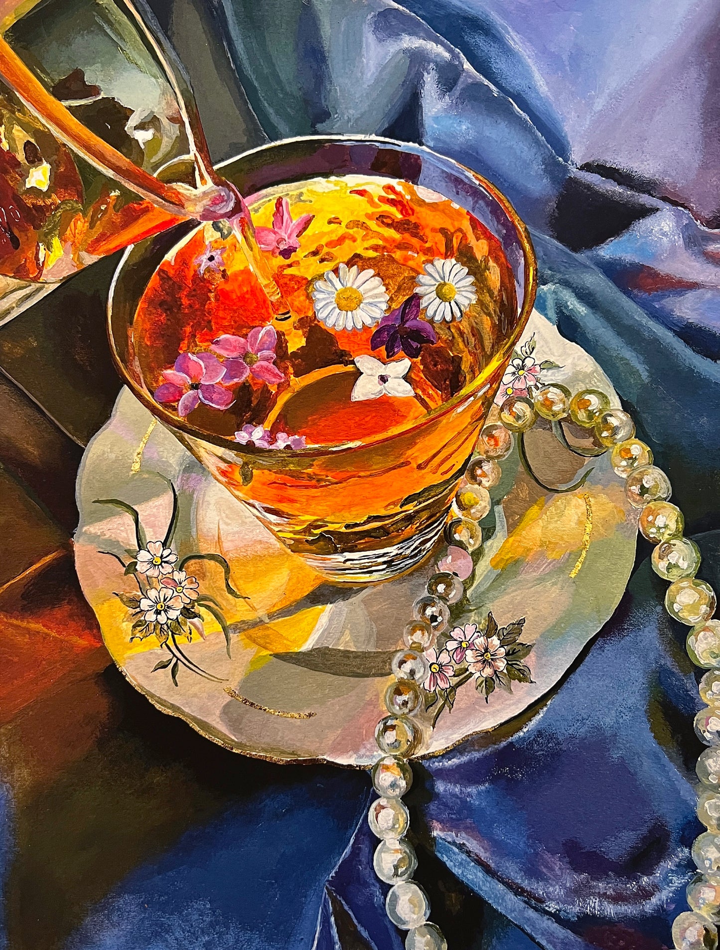 Aesthetic still life painting of a tea glass nestled in floral crockery, set against a reflective satin cloth with pearls. The artwork showcases rich colors and an elegant, aesthetic ambiance.