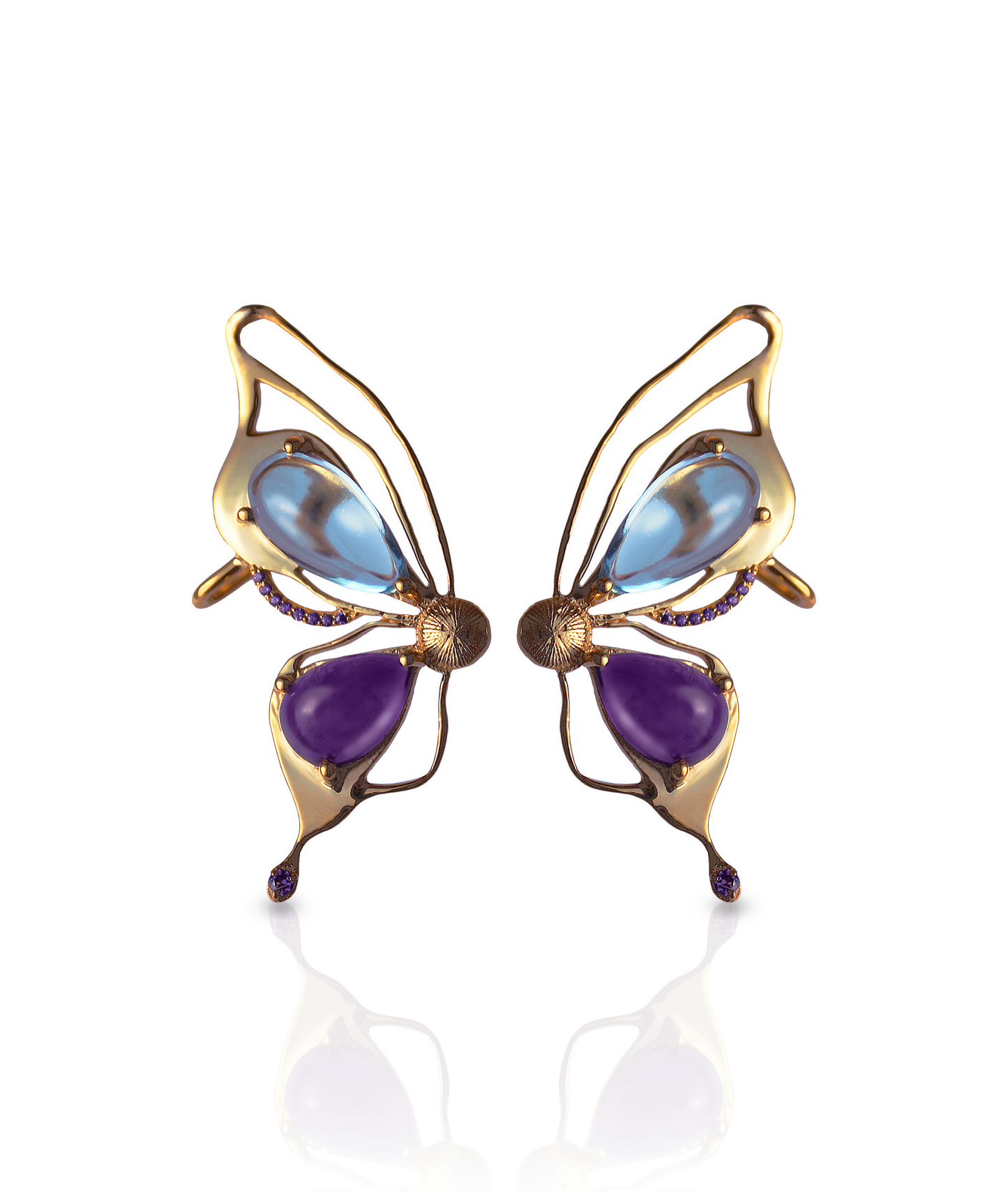 Gold plated butterfly earrings in 92.5 sterling silver, with natural amethyst and blue topaz stone. 