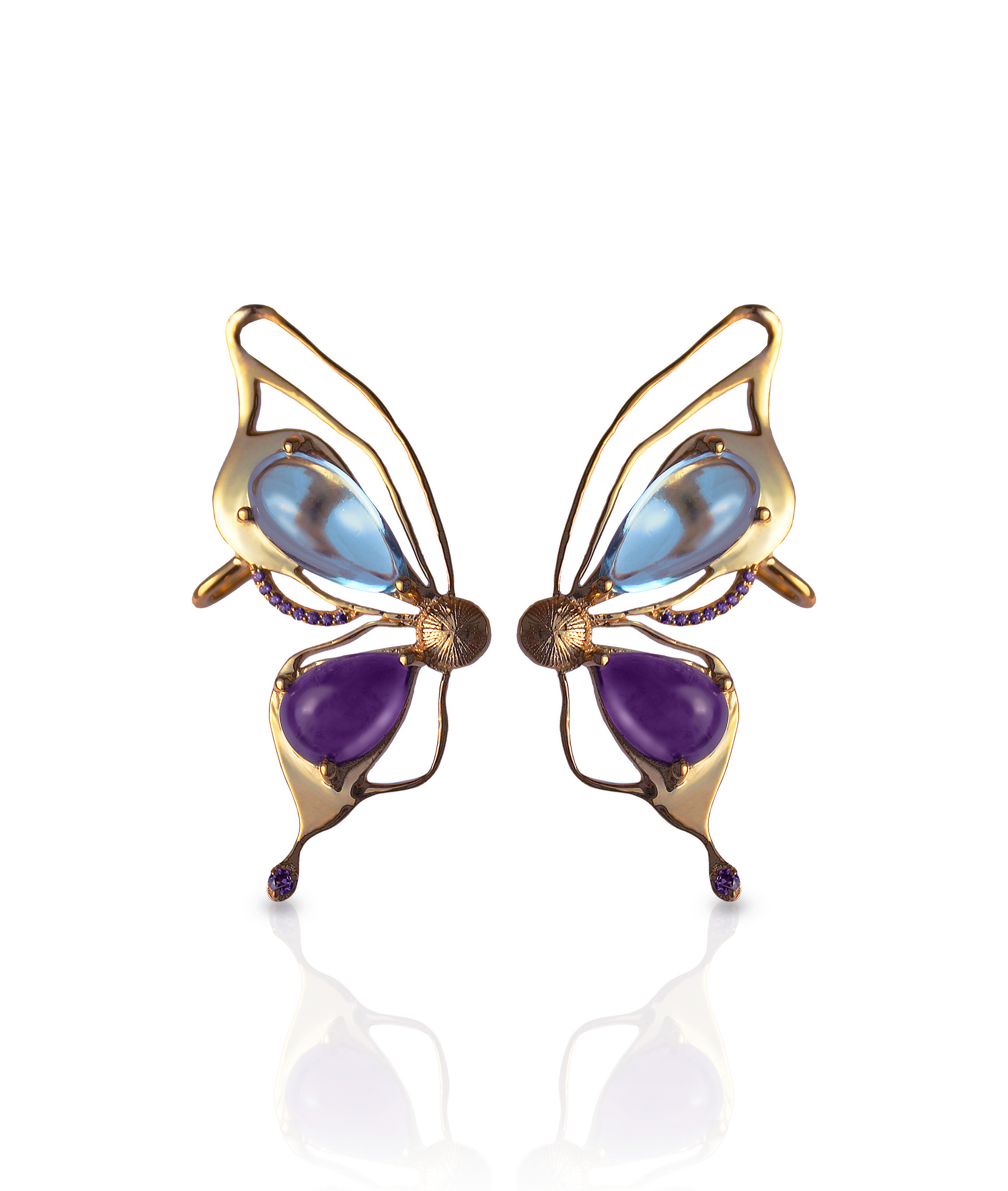 Gold plated butterfly earrings in 92.5 sterling silver, with natural amethyst and blue topaz stone. 