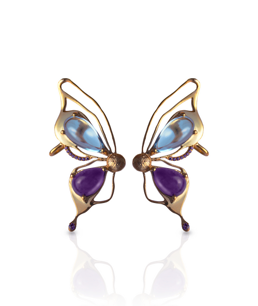 Gold plated butterfly earrings in 92.5 sterling silver, with natural amethyst and blue topaz stone. 