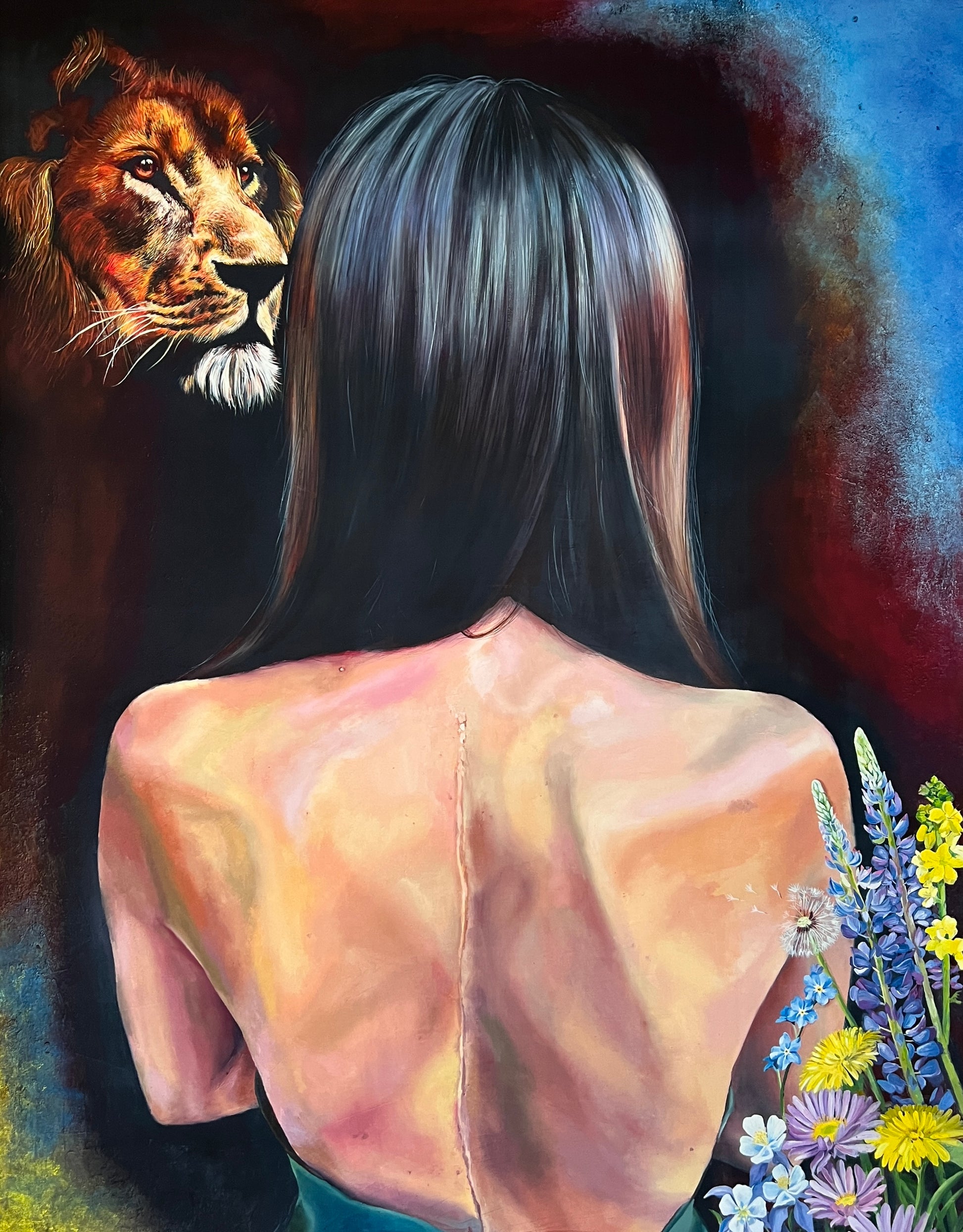 Scoliosis-inspired oil painting by Nandini Kotawala, influenced by Frida Kahlo. The artwork features a subject facing backwards with a prominent scar running down their bare back, set against a blood-red background. Colorful wildflowers adorn the bottom right, while a lion is depicted in the top left.